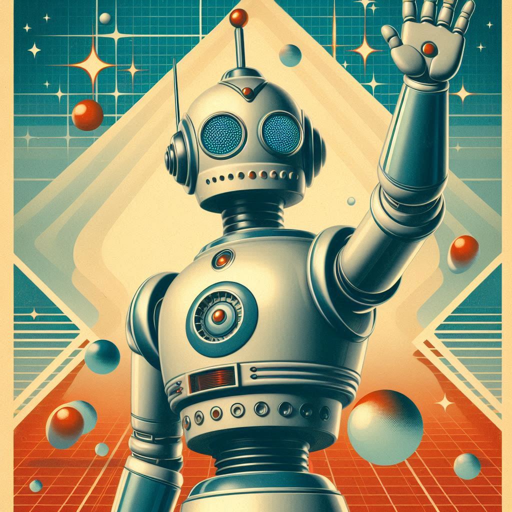 A retro-futuristic robot waving with a mid-century modern aesthetic around it. 