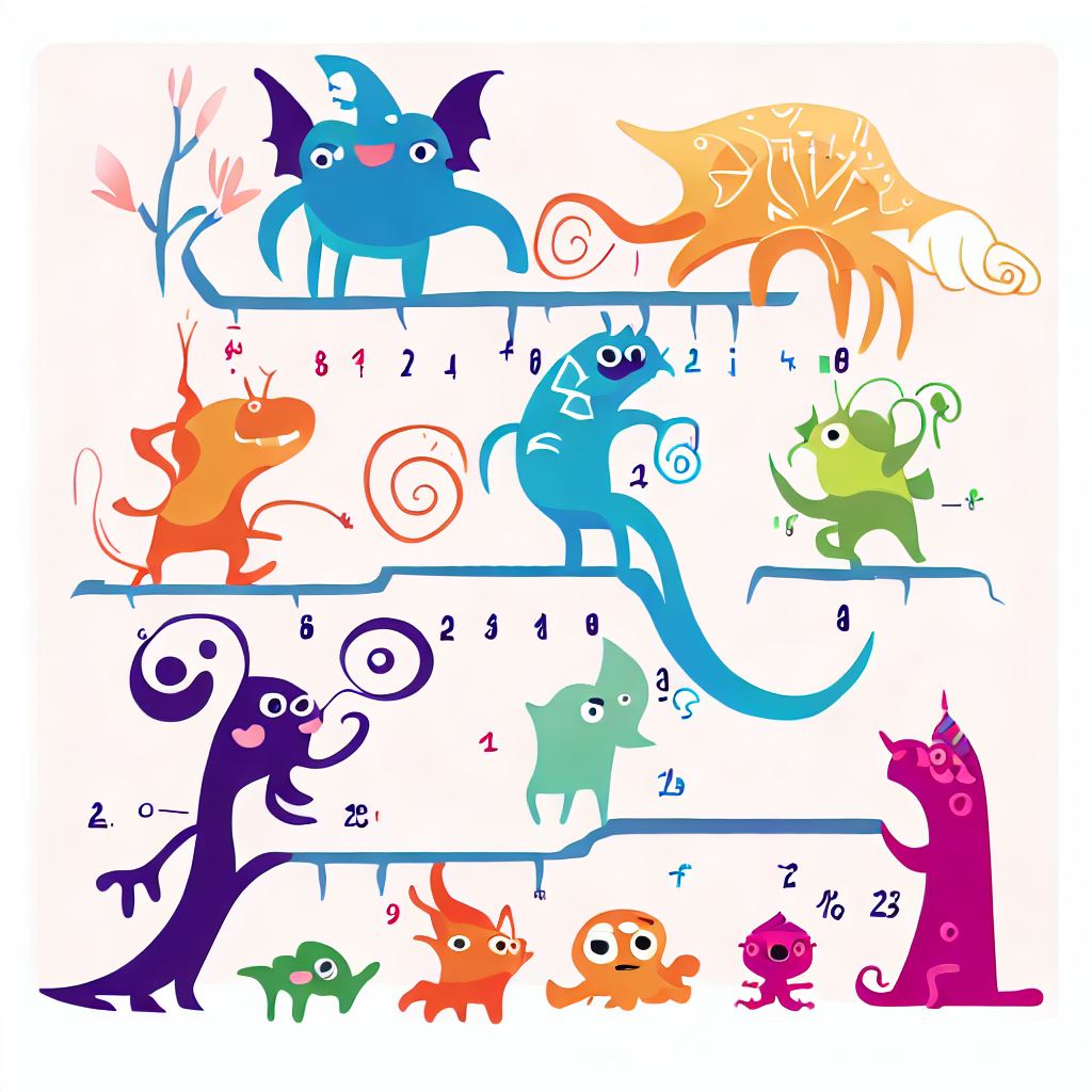 Make a whimsical and vibrant generational chart with creatures representing different ages.