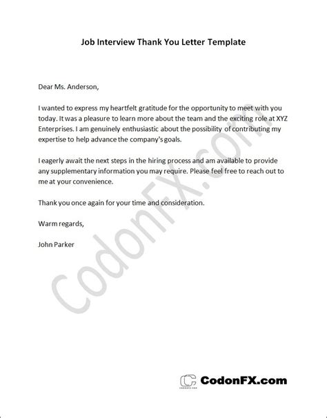 Job Interview Thank You Letter Template