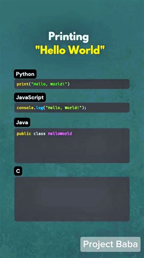 🌍 "Hello, World!" Across Different Programming Languages 💻 Learning a new programming language often starts with a simple step — printing "Hello, World!" But the way we write this basic line varies across languages. In my video, I demonstrated how to print it in four popular languages: 🐍 Python: print("Hello, World!") — simplest, just one line. 🌐 JavaScript: console.log("Hello, World!"); — common in browser console. ☕ Java: Requires a class and main() method structure. ⚙️ C: Uses printf with