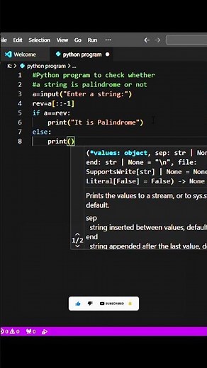 Python program to check whether a string is palindrome or not #python #shortsfeed #shorts