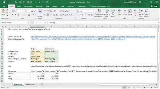 Calculate travel time and distance between two addresses using Excel   Maps API