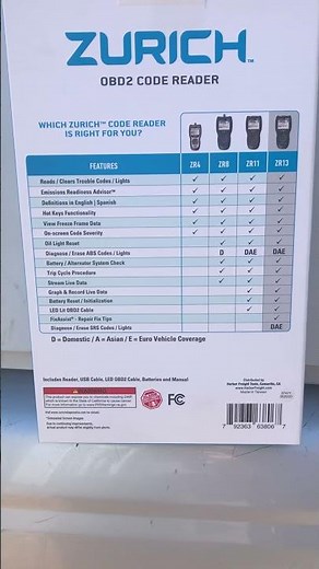 Harbor Freight OBD2 Zurich Code Reader Comparison Chart