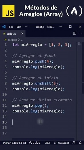 💻 JavaScript - Cómo Agregar y Remover Elementos de un Arreglo (Array) #Shorts